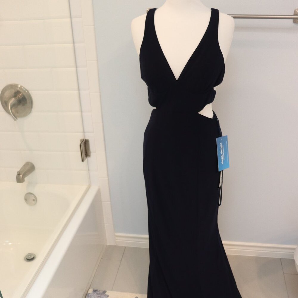Faviana V Neck Side Cut Out Formal Maxi Dress Navy Size 10